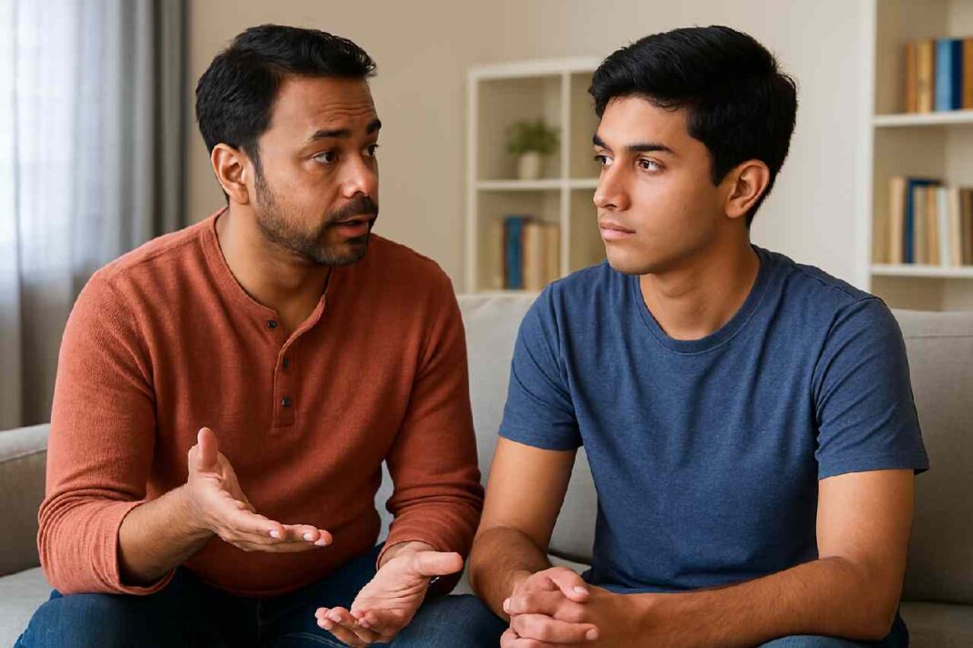 Breaking the Silence: An Indian father has an open and honest conversation with his son about sex education at home. Generated by AI via ChatGPT.