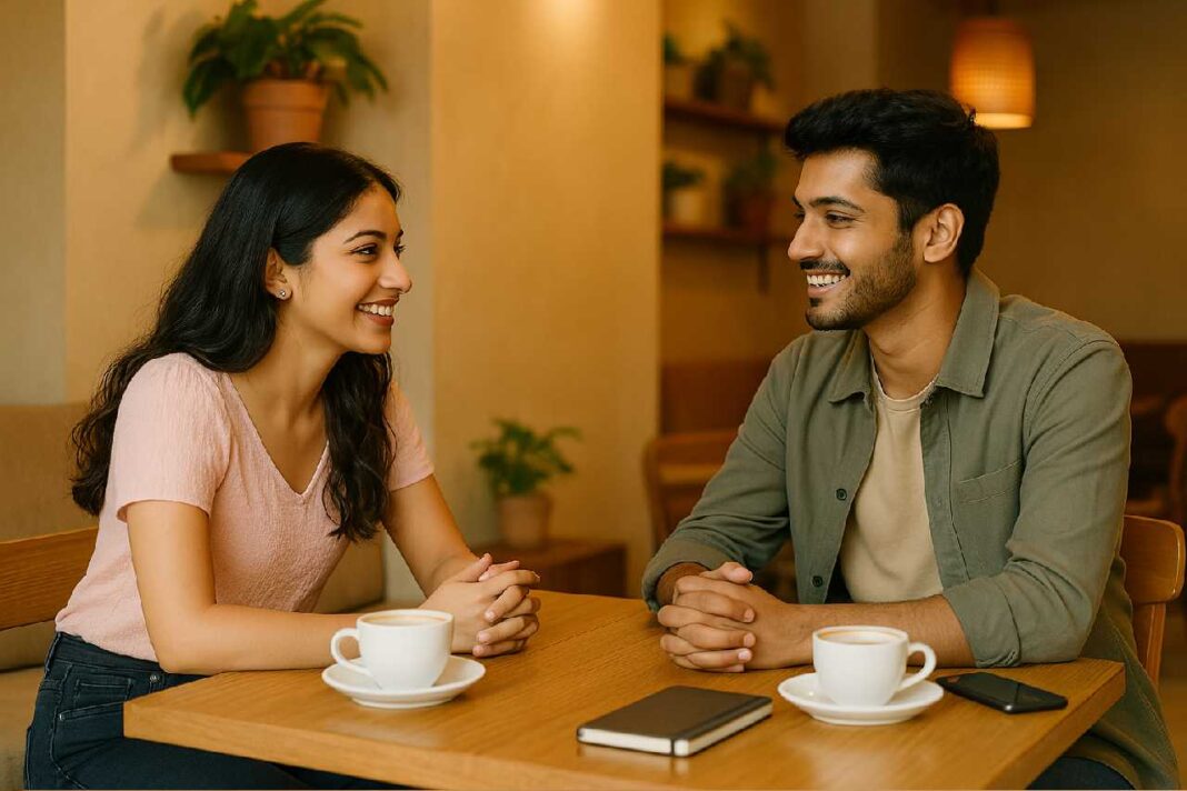 An Indian boy and girl meeting for the first time in a cozy coffee shop, smiling and engaged in conversation over drinks.