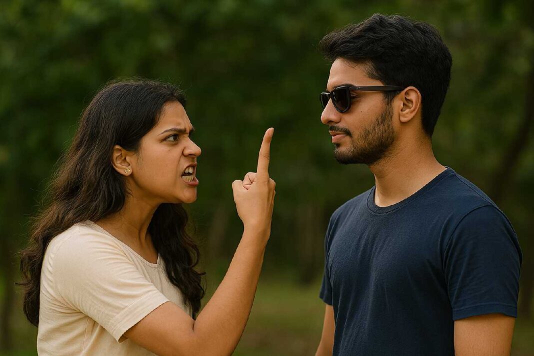 A furious Indian girl confronts a calm, composed Indian boy during a heated argument in an outdoor setting.