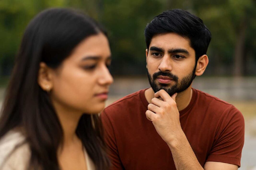 A young Indian man observes a woman with a thoughtful expression, trying to read her personality in a social setting.