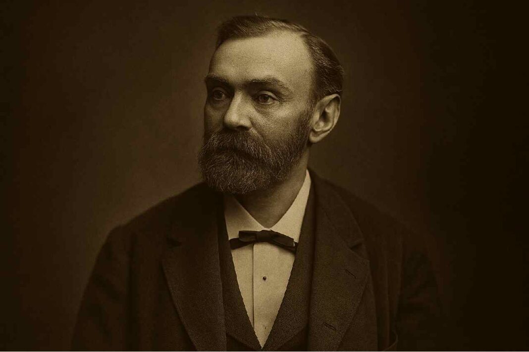 Sepia-toned portrait of Alfred Nobel with a symbolic overlay of dynamite and a dove representing peace and legacy.