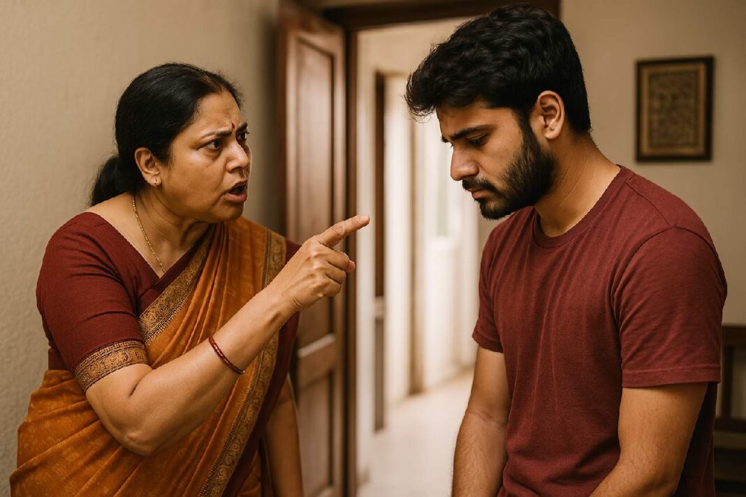 A middle-aged woman in a traditional Indian saree angrily scolding a young man in a maroon t-shirt, who looks down with a guilty or sad expression.