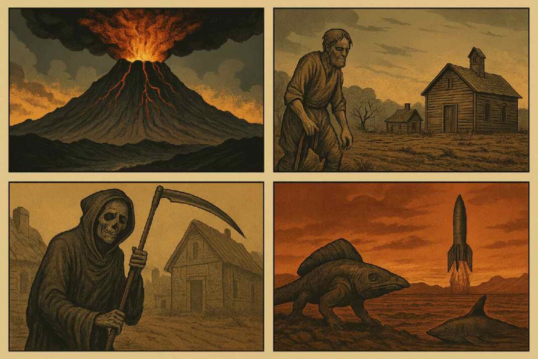 A vintage-style illustration depicting four catastrophic historical events that nearly wiped out humanity, including a volcanic eruption, a year without summer, the Black Death, and the Permian-Triassic extinction.